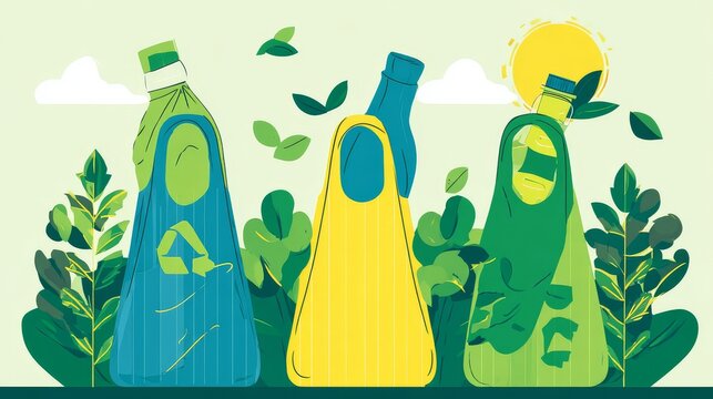 Infographic of plastic waste reduction strategies in flat design with reusable bags, bottles, and eco packaging