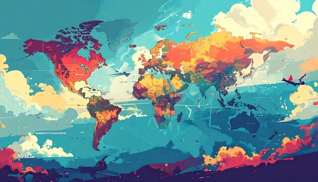 Vibrant watercolor world map illustration with abstract colors and planes, creating a dynamic and modern aesthetic