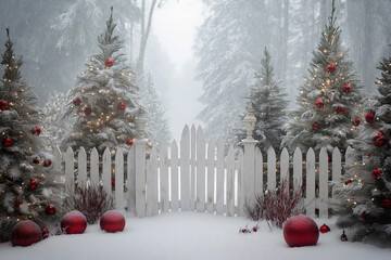 Winter festive backdrop, white picket fence, snow covered Christmas trees decorated with bright red bauble ornaments.