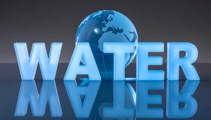 WATER" text with a globe, reflected on a shiny surface against a gray background, focus on water scarcity