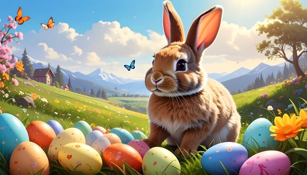 Whimsical spring scenery with a large brown bunny and colorful Easter eggs in a meadow under a sunny sky - Powered by Adobe