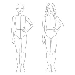 Children's fashion design template featuring girl croquis in front views. Clean line art illustration perfect for kids clothing designers, children's fashion sketching,