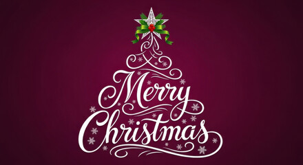 Naklejka premium Elegant merry christmas lettering in a festive tree shape with a star and ornaments on a deep purple background