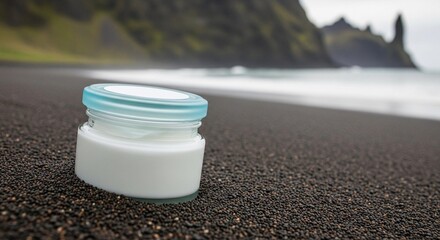  frosted glass cream jar with white product inside, on black volcanic sand with an ocean landscape in the background.