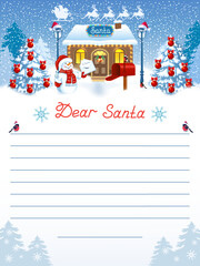 Layout letter to Santa Claus with inscription "Dear Santa" and cartoon funny Snowman and mailbox against winter forest and house workshop background.