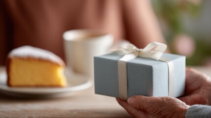 Unrecognizable grandmother handing wrapped gift box to grandson across table, hands touching, birthday celebration with coffee and cake