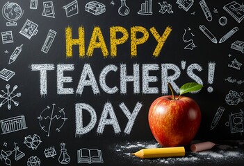 Chalkboard design with joyful happy teachers day message and school supplies apple pencil and chalk