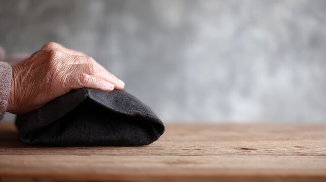 Elderly woman holding empty purse on wooden vintage table, concept of poverty in retirement and financial struggle