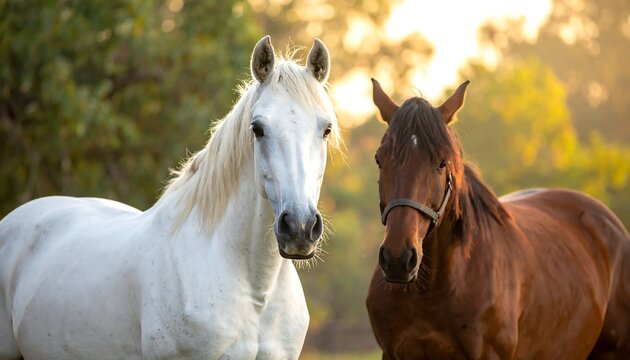 White and brown horses stand together, softly lit with golden hour light, against a green background