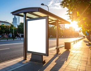 Modern bus shelter with blank sign board at sunrise