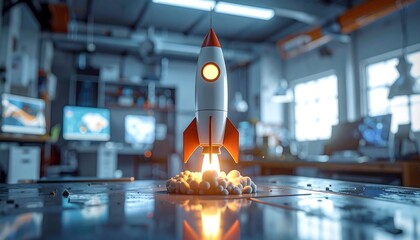 White and orange rocket takes off with smoke and flame in a bright laboratory/workshop environment