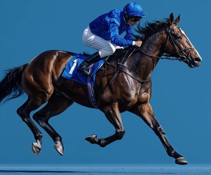 Racehorse in Action: A dynamic shot of a racehorse and jockey in full stride against a striking backdrop, symbolizing speed, competition, and equestrian sport excellence.
