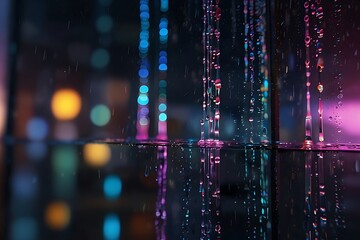 Fototapeta premium Colorful Christmas night city lights shine through blurred raindrops on the window