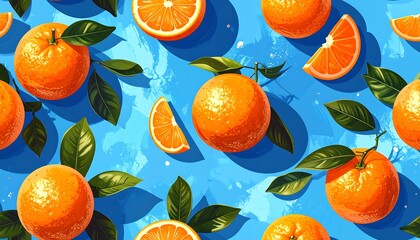Vibrant oranges, slices, and leaves form a lively repeating pattern against a cheerful blue background