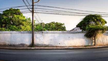 urban street scene captured with a weathered white wall and a utility pole featuring lush green trees and a blurred city road evoking a sense of calm urban decay