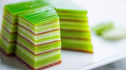 Close up of layered green dessert slices on a white plate culinary visual