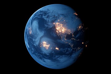 Blue sphere of Earth at night from space, showing clouds and ocean with the Moon nearby