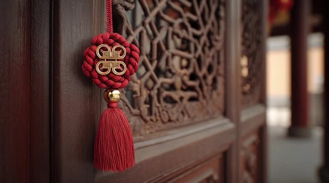 Chinese Knot Charm Hanging on Ornate Wooden Door