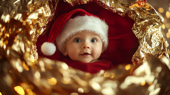 Baby boy with Santa hat crawling out from large torn present box, gold and red wrapping paper, cozy holiday atmosphere