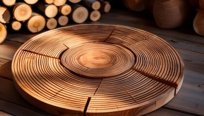 warm wooden rings arranged in a circular pattern on rustic floor with stacked logs in background
