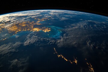 Blue sphere of Earth at night from space, showing clouds and ocean with the Moon nearby