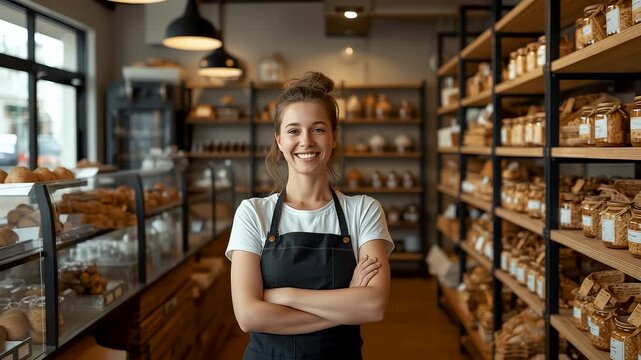 Smiling Young Female Baker in Black Apron Standing Proudly in Cozy Artisan Bakery with Fresh Bread Shelves
