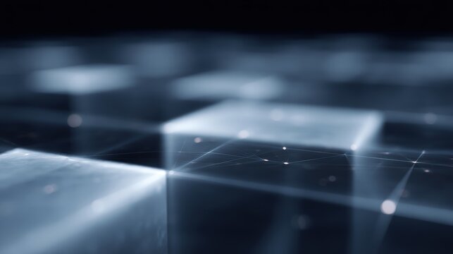 Abstract futuristic digital grid with data visualization and blockchain elements, representing big data and artificial intelligence, 3D rendering