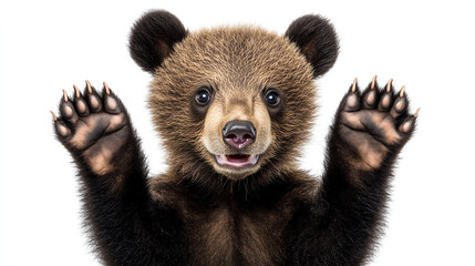 Fototapeta premium Bear cub smiling with paws up, white background