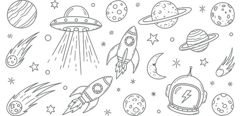 Whimsical hand drawn space elements featuring rockets ufos planets comets and stars doodle art © HasnaAkther