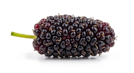 Single ripe black mulberry with stem isolated on white background.