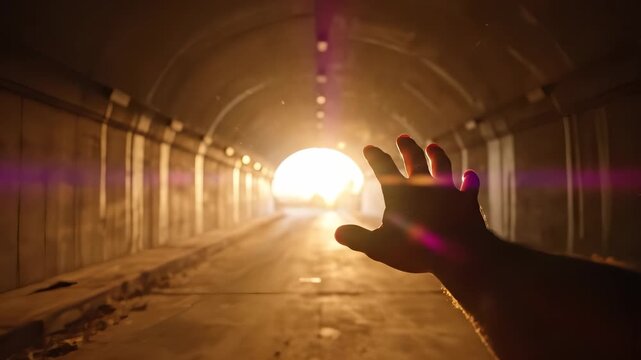 A man reaches out towards a bright light at the end of a tunnel, symbolizing hope and opportunity. The warm light further emphasizes the man's desire for a new beginning in this mo