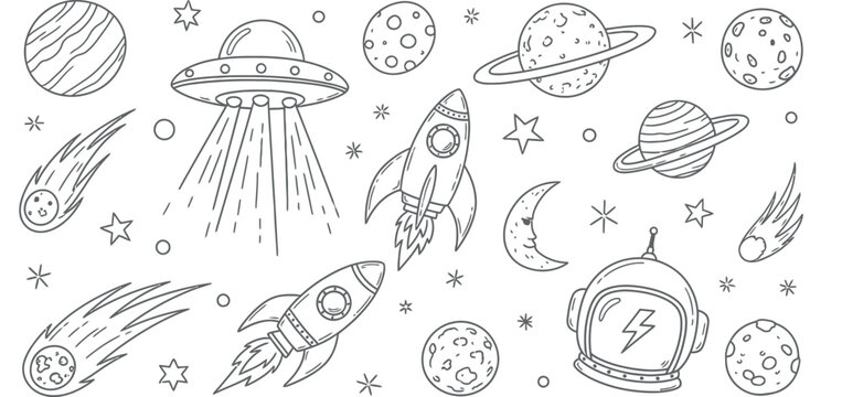 Whimsical hand drawn space elements featuring rockets ufos planets comets and stars doodle art