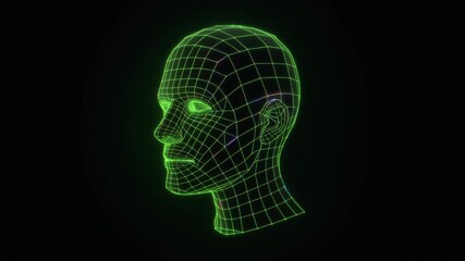 Seamless Loop: Slow Rotating Lime Green Wireframe 3D Head with Digital Glitch - Powered by Adobe