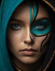 Naklejka premium Close-Up Portrait With Teal and Black Geometric Face Paint and Hooded Cloak 