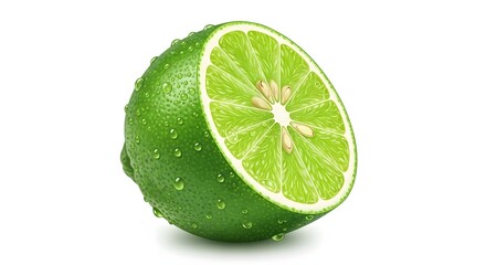Half fresh lime with water droplets, vibrant green, isolated on white