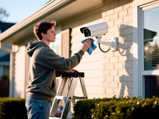 Young man on a stepladder cleaning a home security camera on an exterior wall.