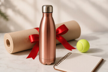 Fitness gift set with reusable water bottle and yoga mat on a marble surface. Space for text.