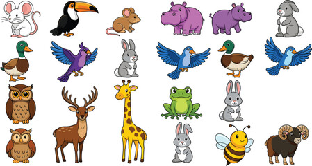 Obraz premium Large Cute Cartoon Animal Vector Collection: Diverse Illustrations of Wildlife and Birds Including Giraffe, Hippo, Deer, Toucan, Owl, Frog, Rabbit, and Bee, Ideal for Childish Designs