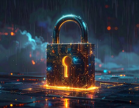 Glowing digital padlock amidst stormy weather, circuit design detail