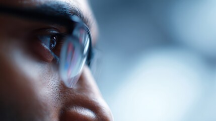 Young Indian businessman trader wearing glasses, focused on computer screen with trading charts reflected in lenses, close-up, stock market and financial growth concept