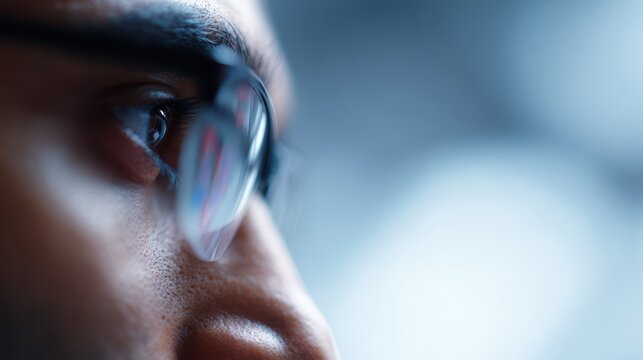 Young Indian businessman trader wearing glasses, focused on computer screen with trading charts reflected in lenses, close-up, stock market and financial growth concept - Powered by Adobe