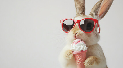 Bunny wearing sunglasses holding ice cream, white background