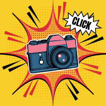 A vintage camera in a retro pop art comic style with a halftone effect and "click" speech bubble, vector illustration