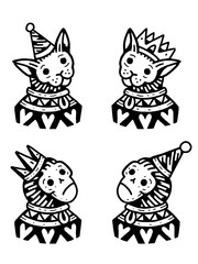 Weird cat monkey doodle characters, vintage tattoo style