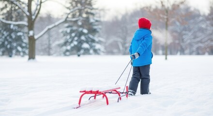 A child in a blue jacket and red hat pulling a red sled in a snowy park.
