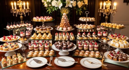 Fototapeta premium A lavish dessert table with a variety of pastries, cakes, and sweets, including cupcakes, cookies, and macarons, arranged on a wooden table with white plates and silverware. 