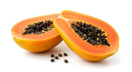 Ripe papaya cut in half showing seeds and vibrant orange flesh