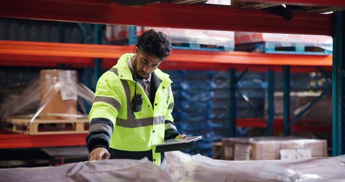 Warehouse, inspection and man with tablet, logistics and inventory for order process or distribution. Factory, quality control and person with technology for dropshipping, supply chain and production