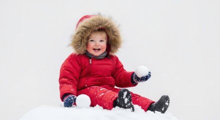 A child in a red coat playing in the snow with a snowball.