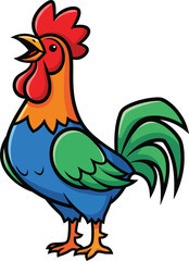 A colorful cartoon rooster with a bright red comb and green tail crowing with an open beak.